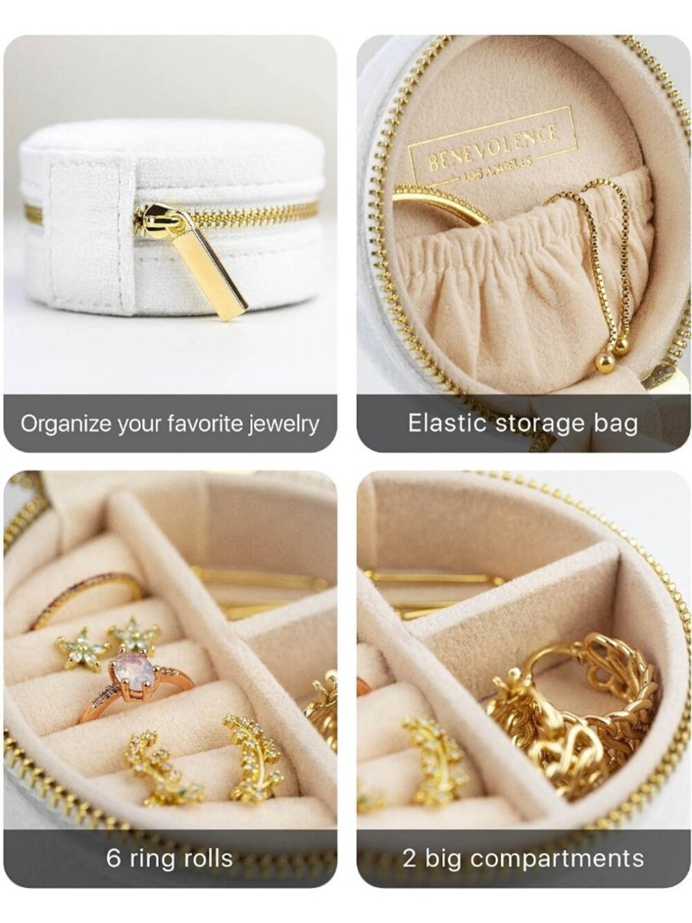 Compact Velvet Travel Jewelry Box - Round Zipper Case for Rings, Earrings - Picture 3 of 6
